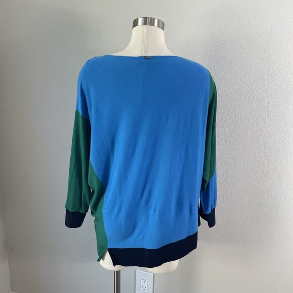 St John Sweater Womens Large Blue Green Wool Colorblock Pullover Relaxed Fit - Picture 8 of 10